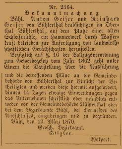 Baubekanntgabe des Bezirksmates Bühl 19.03.1870